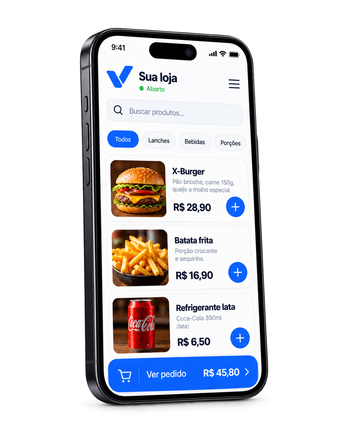 Celular exibindo o cardápio online da loja no VendeAki