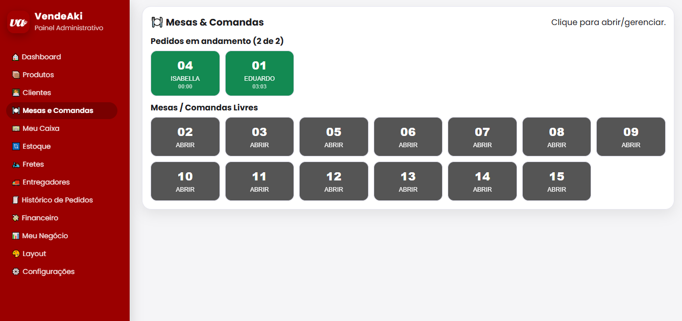 Tela de mesa e comanda VendeAki
